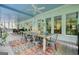 Open screened porch with dining table, chairs, white wood flooring, and views of the outside at 6017 Chestatee Creek Nw Ct, Acworth, GA 30101