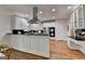 Bright kitchen featuring white cabinets, stainless steel appliances, and a large island with black countertop on wood floor at 5245 Cottage Farm Rd, Johns Creek, GA 30022