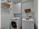 Functional laundry room with modern washer, dryer, and built-in storage at 5245 Cottage Farm Rd, Johns Creek, GA 30022