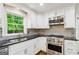 Bright kitchen showcases stainless steel appliances, white cabinets, black countertops, subway tile backsplash and a view to outside at 750 Crest Valley Nw Dr, Sandy Springs, GA 30327