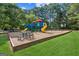 Community playground area showcasing colorful play structures, swings, picnic tables, and wood-chip ground cover at 3725 Downing Dr, Cumming, GA 30040