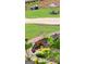 A red cardinal is featured in a yard with bird feeders and stone pavers, offering natural beauty at 50 Birch Road, Covington, GA 30014