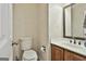Cozy half bathroom with wood vanity, decorative mirror, and classic fixtures, offering functionality and style at 118 Whitfield Run, Peachtree City, GA 30269