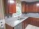 Bright kitchen with a stainless steel dishwasher, sink, granite countertops, and backsplash at 655 Shellnut Dr, Forest Park, GA 30297