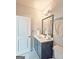 Bathroom featuring a blue vanity, framed mirror, and modern lighting fixtures, offering a comfortable space at 4107 Township Pkwy # 69, Sandy Springs, GA 30342
