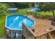 Relaxing above ground swimming pool with wooden deck and lounge chairs for leisure at 684 Doe Lane Ln, Loganville, GA 30052
