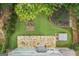 Aerial view of backyard featuring an outdoor fire pit, hot tub, landscaping and a stone patio at 10980 Pinehigh Dr, Alpharetta, GA 30022