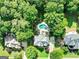Aerial view of a home surrounded by lush greenery and a sparkling pool at 121 Fairway Overlook, Woodstock, GA 30188