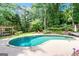 Beautiful backyard with a kidney-shaped pool, lush landscaping, and seating areas at 121 Fairway Overlook, Woodstock, GA 30188