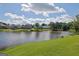 Beautiful backyard view showcasing a serene lake surrounded by well-maintained lawns and mature trees at 4520 Odum Lake Trl, Cumming, GA 30040