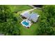 Aerial view showcases the backyard oasis, in-ground pool and mature trees at 2101 Thomas Rd, Canton, GA 30115