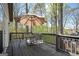 Outdoor seating area on a wooden deck with a table, chairs, and a large umbrella at 2689 Spring Rock Ne Ct, Roswell, GA 30075