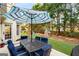 Backyard featuring an outdoor dining set, grill, play set, and lush landscaping at 2740 Greymont Ct, Cumming, GA 30041