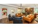 Living room with stone fireplace, hardwood floors, comfortable leather seating and open floorplan at 210 Hunters Vw, Roswell, GA 30075