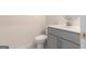 Powder room featuring a modern gray vanity with a white sink and chrome faucet at 129 Academy Ln, Canton, GA 30114