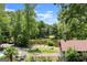 Aerial view of the lake, patio, and gazebo surrounded by lush greenery at 1572 Azalea Dr, Lawrenceville, GA 30043