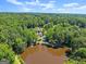 Beautiful aerial view of the property with a large pond, surrounding trees, and the main residence with a pool at 1572 Azalea Dr, Lawrenceville, GA 30043