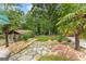 A beautifully landscaped backyard featuring stone pathways, palm trees, a cabana and an artificial turf area at 1572 Azalea Dr, Lawrenceville, GA 30043