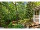 Secluded backyard with wooden stairs leading to a screened porch and serene wooded landscape at 1788 River Bluff Vw, Duluth, GA 30097