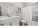 Bathroom featuring a vanity with a white countertop, toilet, shower with curtain, and decorative art at 234 Retreat Ln, Canton, GA 30114