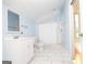 Bright blue and white bathroom featuring a modern vanity, toilet, and walk-in shower at 1502 Campground, Mcdonough, GA 30252
