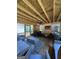 This back porch features wood flooring, exposed wood ceiling, comfortable seating and a TV at 25 Castlehill Ct, Covington, GA 30016