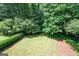 Lush backyard featuring a grass lawn and trees, offering a private outdoor space at 5418 Amity Dr, Powder Springs, GA 30127