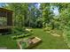 Home's green backyard includes garden beds and lush greenery for a serene, natural setting at 3123 Deshong Dr, Stone Mountain, GA 30087