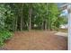 Backyard features a concrete patio area and is surrounded by lush trees for a secluded atmosphere at 1528 Wembley Dr, Douglasville, GA 30134