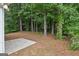 Backyard features a concrete patio area and is surrounded by lush trees for a secluded atmosphere at 1528 Wembley Dr, Douglasville, GA 30134