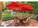 Inviting backyard deck with large red umbrella, table, chairs, storage shed, and lush green lawn at 2864 Wyndcliff Ct, Marietta, GA 30066