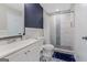Elegant bathroom featuring a walk-in shower, modern vanity, and decorative tile flooring at 4064 Chimney Ridge Way, Ellenwood, GA 30294