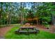 Outdoor wooden picnic table setup on a grass yard beneath string lights at 7003 Tara Dr, Villa Rica, GA 30180