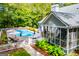 Serene pool area surrounded by lush greenery, featuring lounge chairs and a pristine swimming pool at 7003 Tara Dr, Villa Rica, GA 30180