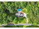 Scenic aerial view of the home featuring a sparkling pool, lush trees, and a well-manicured lawn, a true oasis at 185 Downybrook Ln, Fayetteville, GA 30215