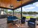 Covered outdoor patio with comfortable seating and peaceful views of the lake and lawn at 2775 Club Valley Ct, Jonesboro, GA 30236