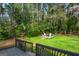 Backyard view with a patio set around a fire pit nestled among green trees at 437 Collier Ridge Nw Dr, Atlanta, GA 30318