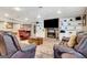 Basement area featuring leather sofas, brick fireplace, television, area rug, and stylish decor at 522 Golfview, Peachtree City, GA 30269