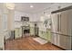 Charming kitchen featuring stainless steel appliances, modern lighting, and green lower cabinets at 1718 Ridgewood Ne Dr, Atlanta, GA 30307