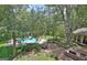Aerial view of a gorgeous backyard featuring a pool, patio with dining set, and meticulously landscaped gardens at 115 Shoal Creek Dr, Sharpsburg, GA 30277
