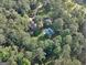 Aerial view showcases a home and in-ground pool surrounded by lush greenery at 115 Shoal Creek Dr, Sharpsburg, GA 30277