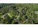 Aerial shot displays the property nestled among trees, offering privacy, and showcases surrounding houses and long driveways at 115 Shoal Creek Dr, Sharpsburg, GA 30277