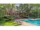 Picture of a large backyard with a swimming pool, brick patio, and beautifully landscaped garden at 115 Shoal Creek Dr, Sharpsburg, GA 30277