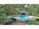 Aerial view of pool and patio, showing lounge chairs, outdoor dining, and cabana at 115 Shoal Creek Dr, Sharpsburg, GA 30277