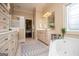 Bathroom featuring custom cabinets and drawers, vanity, and a corner bathtub at 713 Birkdale Blvd, Carrollton, GA 30116