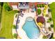 Overhead shot of freeform pool with sun loungers and outdoor dining, surrounded by manicured landscaping at 713 Birkdale Blvd, Carrollton, GA 30116