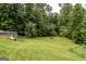 Lush green backyard featuring a picnic table, fire pit, and outbuilding, perfect for outdoor enjoyment at 300 Peggy Cole Bridge Rd, Villa Rica, GA 30180