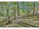 Inviting outdoor stone patio featuring a relaxing hammock and fire pit, set amongst lush greenery and mature trees at 606 Wingspread, Peachtree City, GA 30269