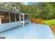 Backyard featuring a blue deck and sunroom with screened windows, perfect for outdoor enjoyment at 201 Greensprings Dr, Palmetto, GA 30268
