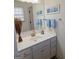 Bathroom featuring a vanity with a gold faucet, a mirror, and blue hand towels at 522 Blue Mountain Rise, Canton, GA 30114